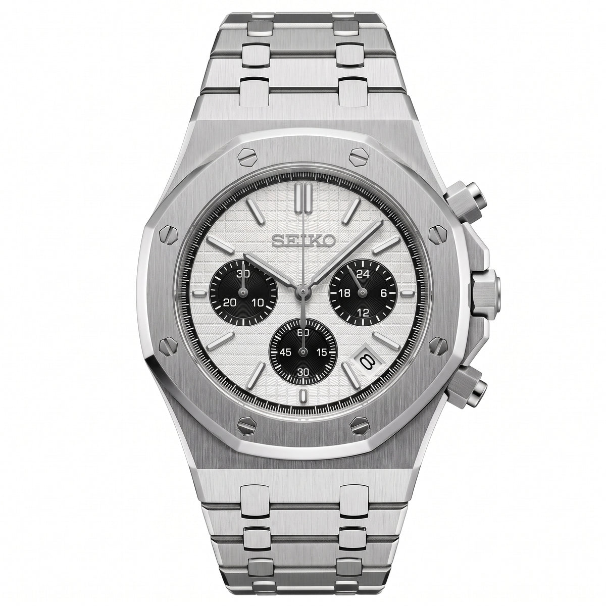 Seikoak Panda Chronograph Seiko mod watch front view | The Golden Mods