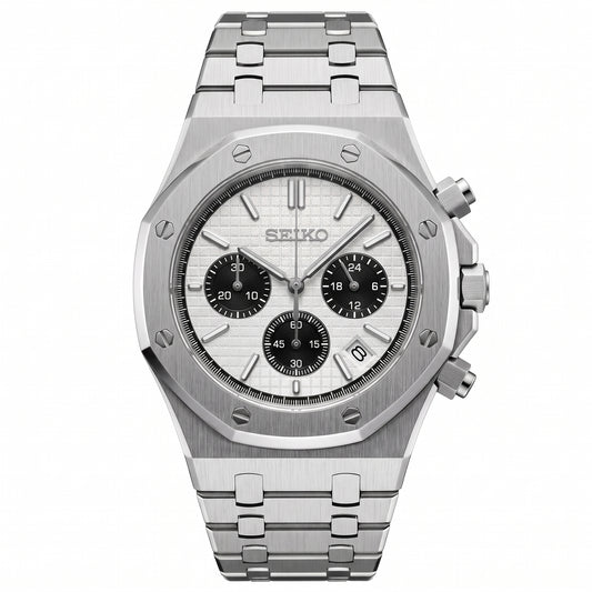 Seikoak Panda Chronograph Seiko mod watch front view | The Golden Mods