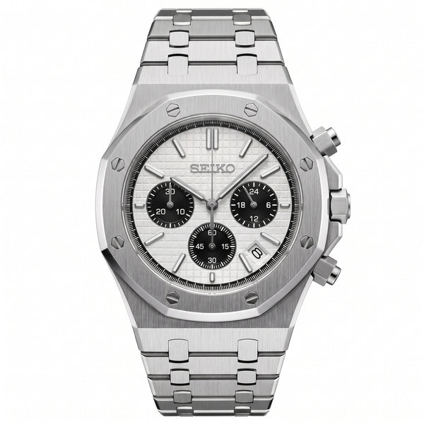 Seikoak Panda Chronograph Seiko mod watch front view | The Golden Mods