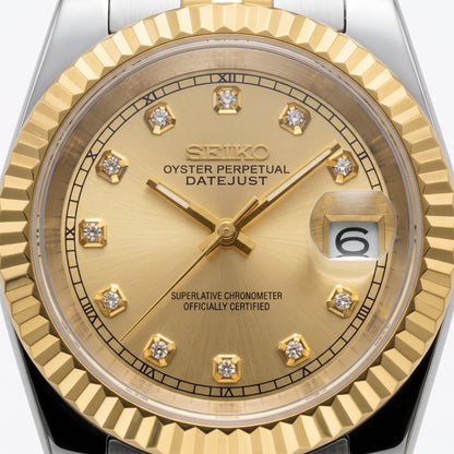 Seikojust Two Tones Champagne Seiko mod watch side angle | The Golden Mods