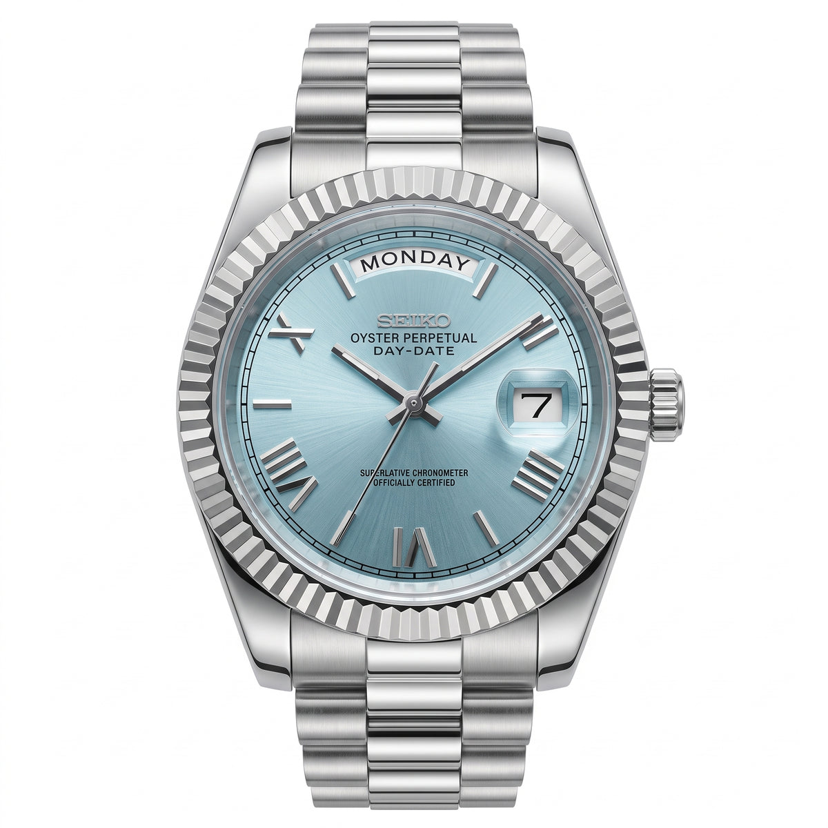 Seikodate Ice Blue Seiko mod watch – ice blue dial, front view