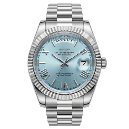Seikodate Ice Blue Seiko mod watch – ice blue dial, front view
