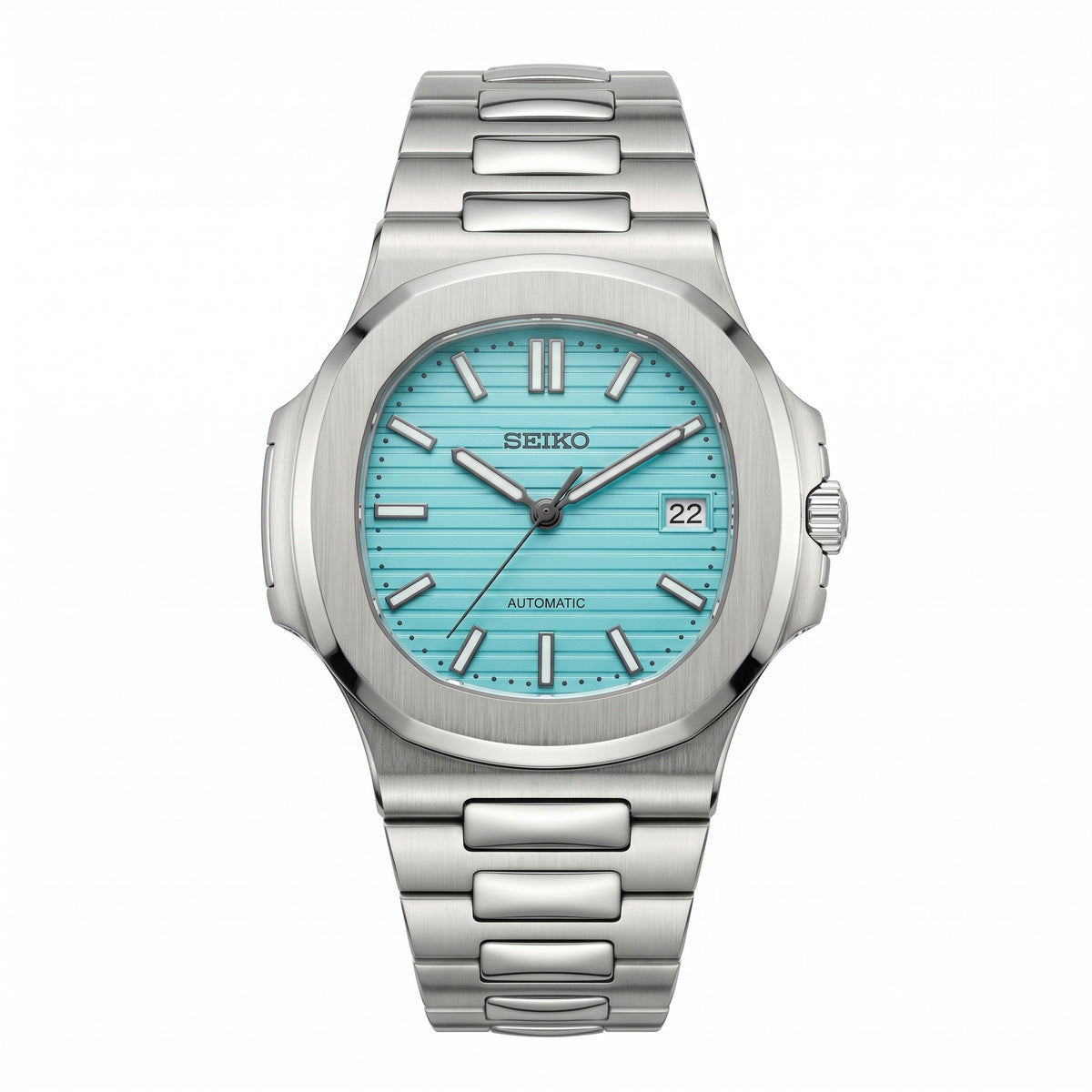 Nautiko Tiffany Seiko mod watch – robin's-egg blue dial, front view