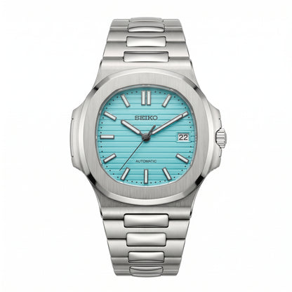 Nautiko Tiffany Seiko mod watch – robin's-egg blue dial, front view
