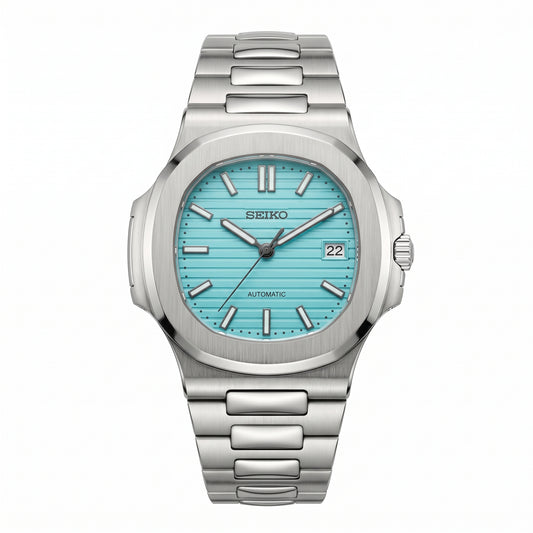 Nautiko Tiffany Seiko mod watch – robin's-egg blue dial, front view