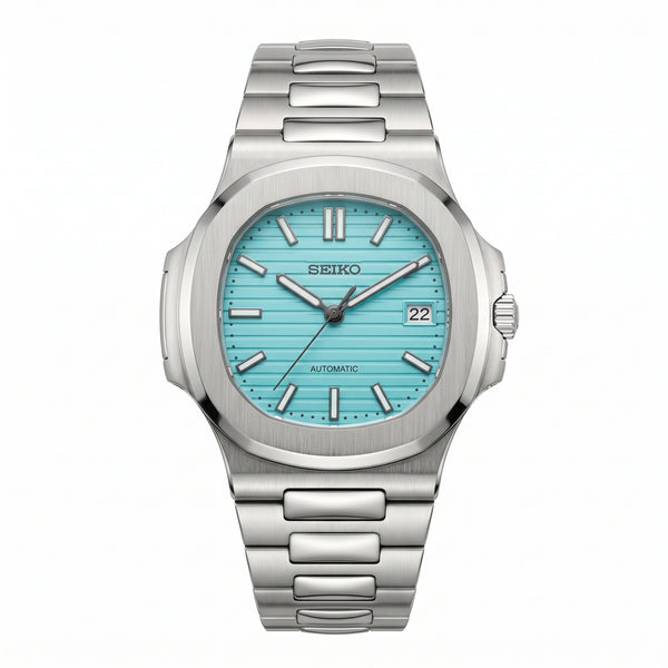 Nautiko Tiffany Seiko mod watch – robin's-egg blue dial, front view