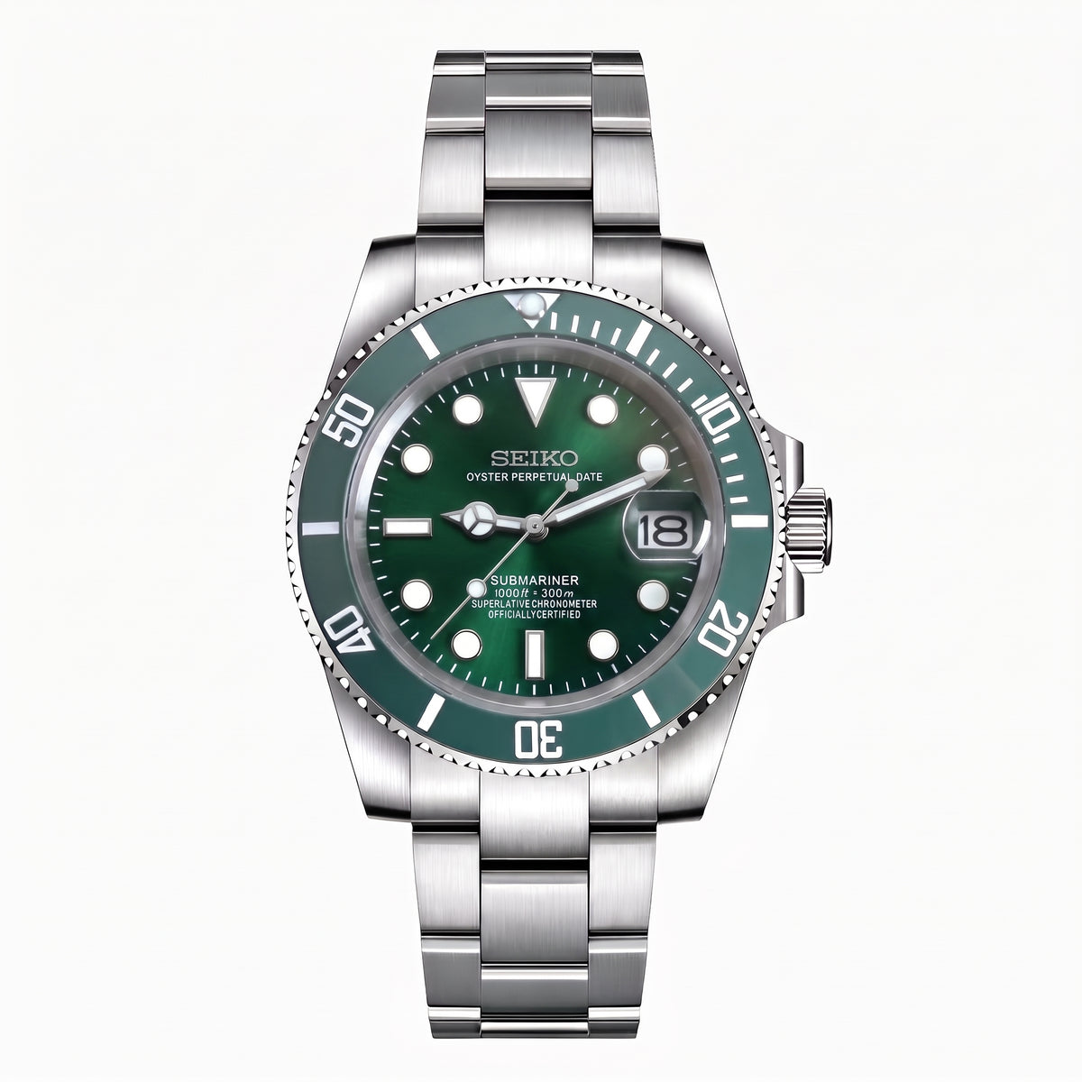 Seikomariner Hulk Seiko mod watch – green dial, front view