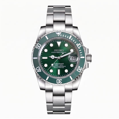 Seikomariner Hulk Seiko mod watch – green dial, front view