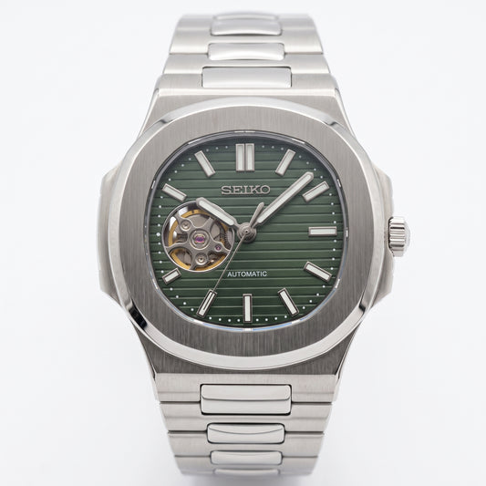 Nautiko Green Open Heart Seiko mod watch front view | The Golden Mods