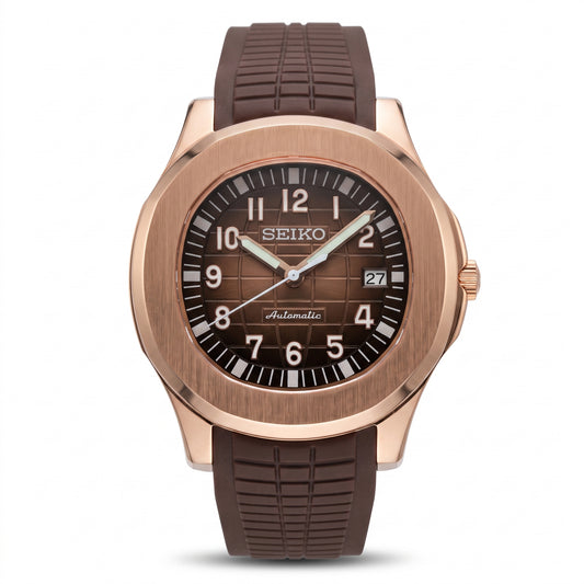 Seikonaut Chocolate Rose Gold Seiko mod watch front view | The Golden Mods