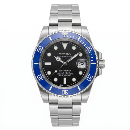 Seikomariner Cookie Monster Seiko mod watch front view | The Golden Mods