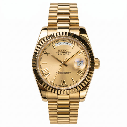 Seikodate Yellow Gold President Seiko mod watch front view | The Golden Mods