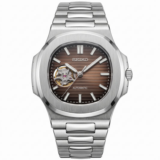 Nautiko Silver Chocolate Open Heart Seiko mod watch – chocolate open-heart dial, front view