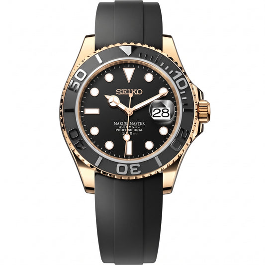 Yachteiko Gold Black Seiko mod watch – black dial, front view