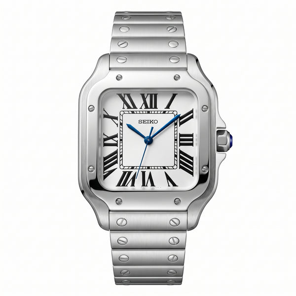 Santeiko White Seiko mod watch – white Roman dial, front view