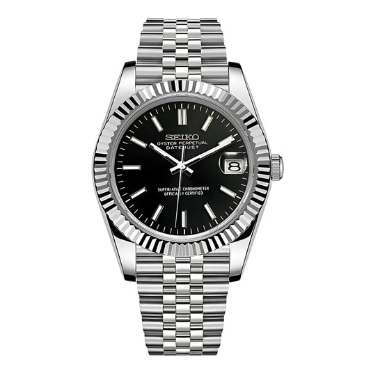 Seikojust Black Seiko mod watch front view | The Golden Mods