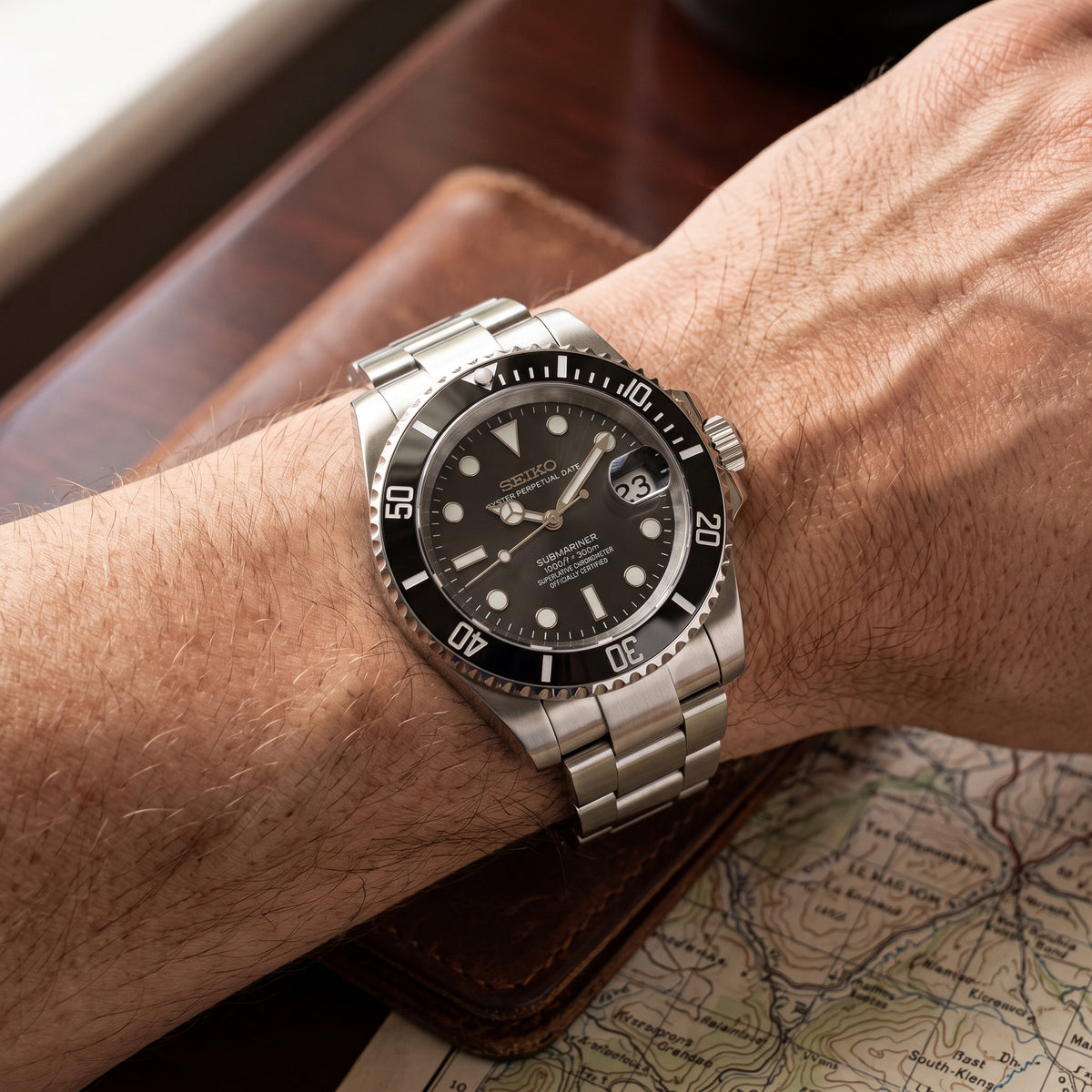 Seikomariner Black Seiko mod watch – black dial, wrist shot