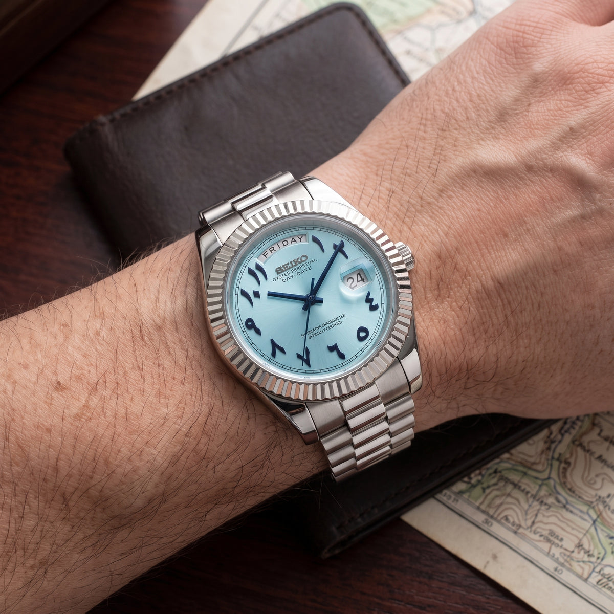 Seikodate Arabic Sky Blue Seiko mod watch side angle | The Golden Mods