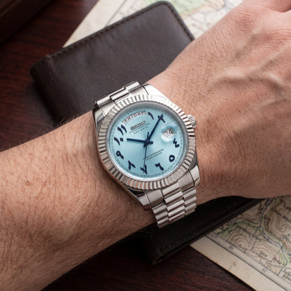 Seikodate Arabic Sky Blue Seiko mod watch side angle | The Golden Mods