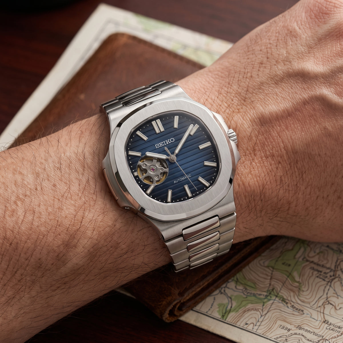 Nautiko Blue Open Heart Seiko mod watch detail shot | The Golden Mods