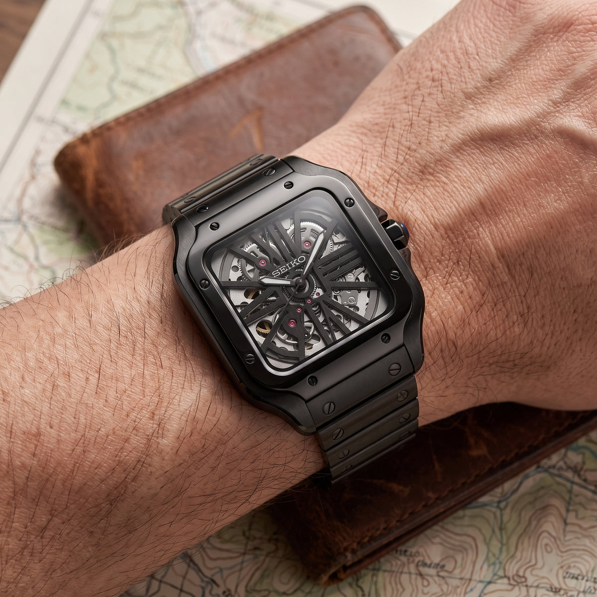 Santeiko Skeleton Black Seiko mod watch – skeleton dial, wrist shot