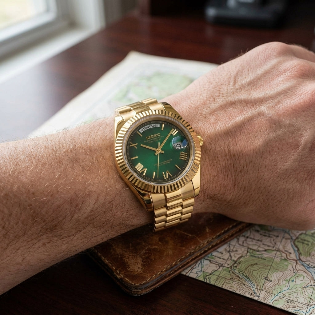 Seikodate Green Gold Seiko mod watch – green Roman dial, wrist shot