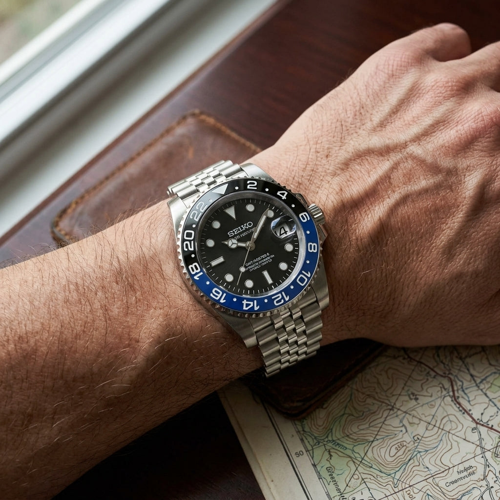 Seikomariner Batman Seiko mod watch – black dial, wrist shot