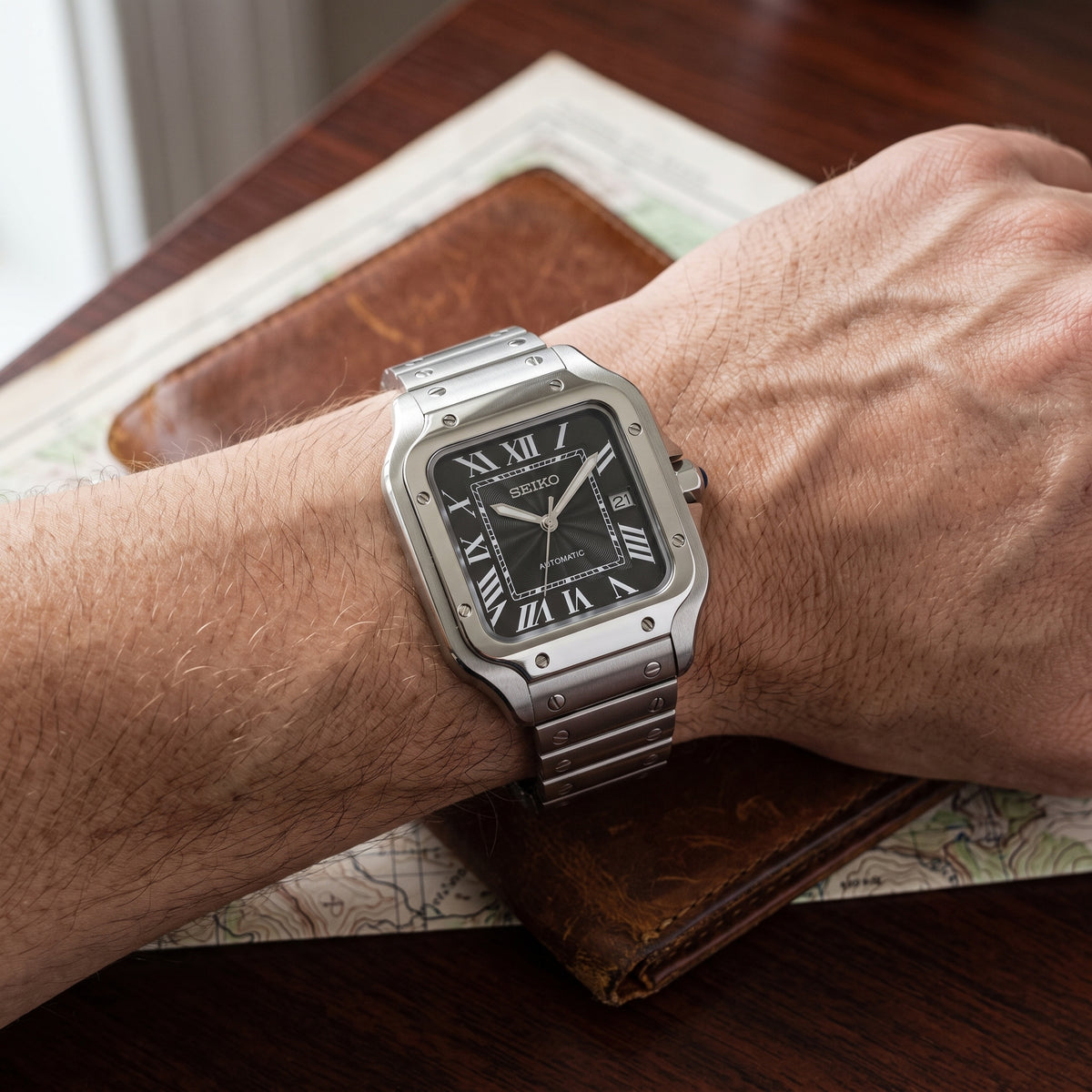 Santeiko Black Textured Dial Seiko mod watch detail shot | The Golden Mods