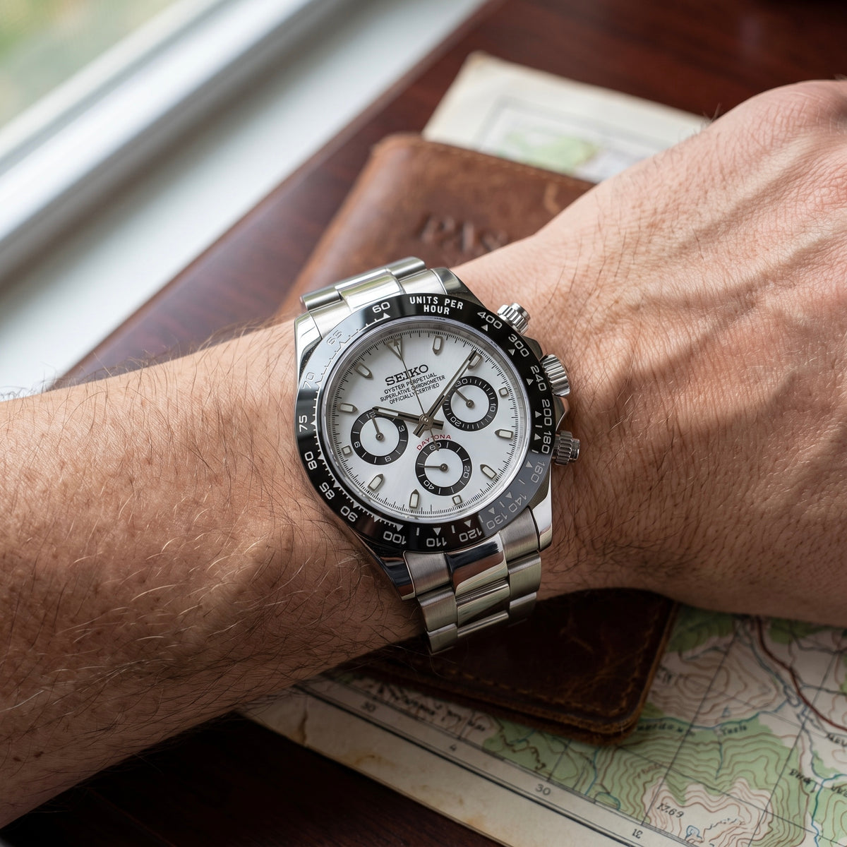 Seitona Panda Seiko mod watch – white panda dial, wrist shot
