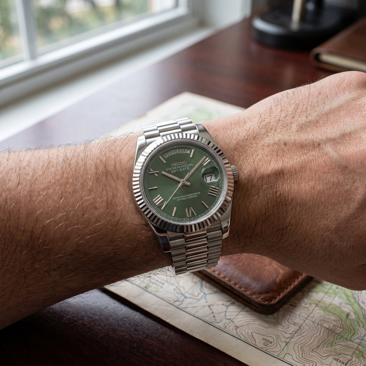 Seikodate Roman Green Seiko mod watch – green Roman-numeral dial, wrist shot