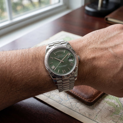 Seikodate Roman Green Seiko mod watch – green Roman-numeral dial, wrist shot