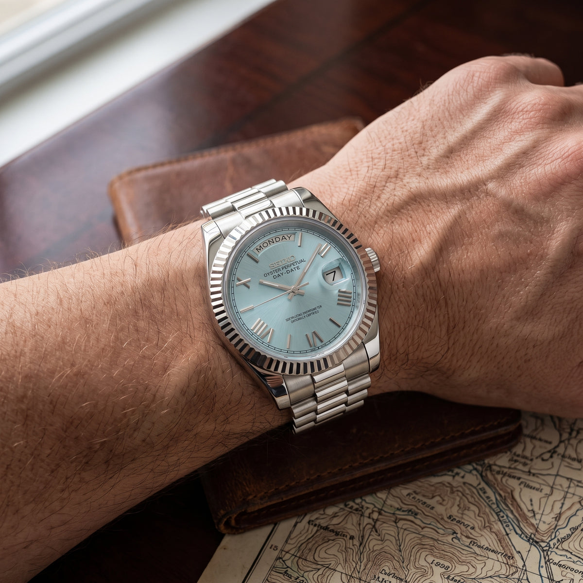 Seikodate Ice Blue Seiko mod watch – ice blue dial, wrist shot