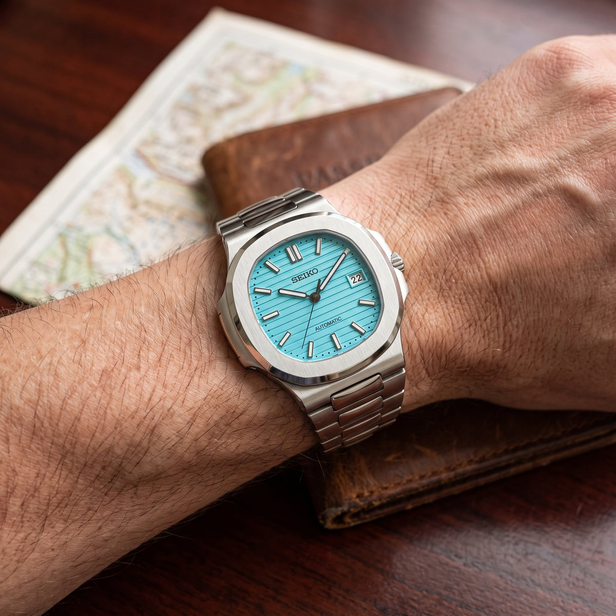 Nautiko Tiffany Seiko mod watch – robin's-egg blue dial, wrist shot