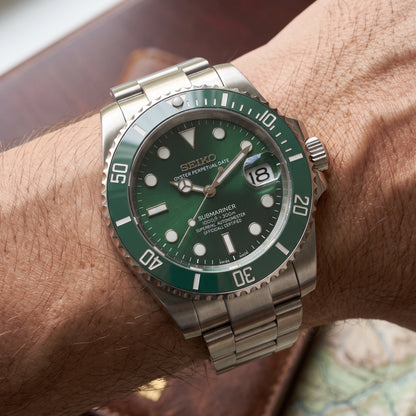 Seikomariner Hulk Seiko mod watch – green dial, wrist shot