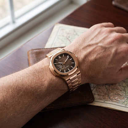 Nautiko Chocolate Open Heart Seiko mod watch – chocolate open-heart dial, wrist shot