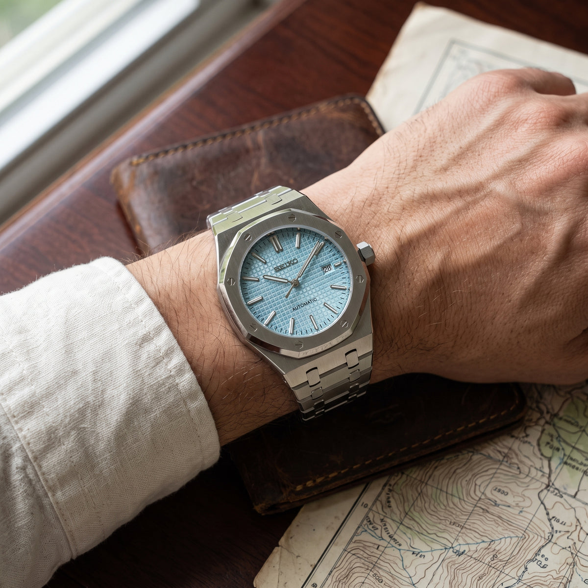 Seikoak Tiffany Seiko mod watch – robin's-egg blue dial, wrist shot