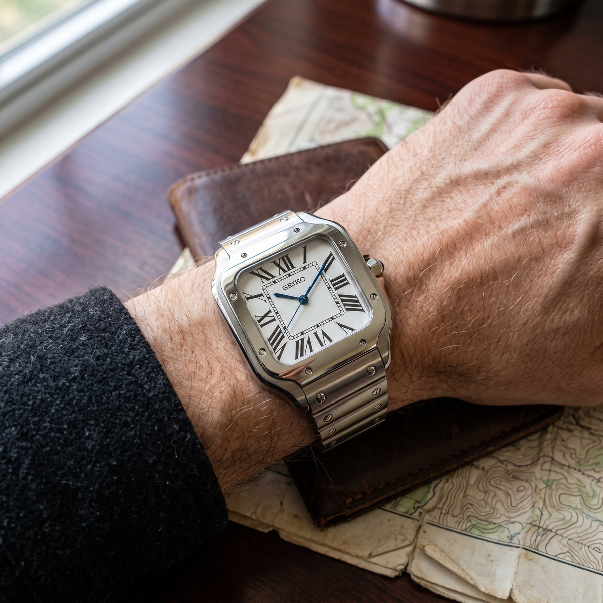 Santeiko White Seiko mod watch – white Roman dial, wrist shot