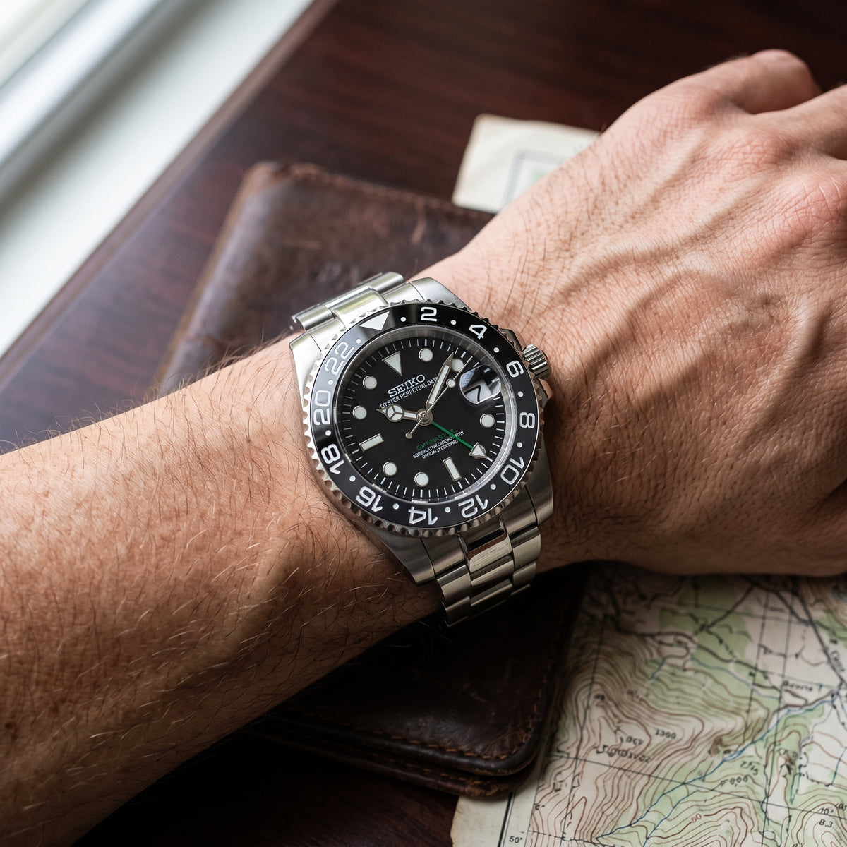 GMTeiko Bruce Wayne Seiko mod watch – black dial, wrist shot