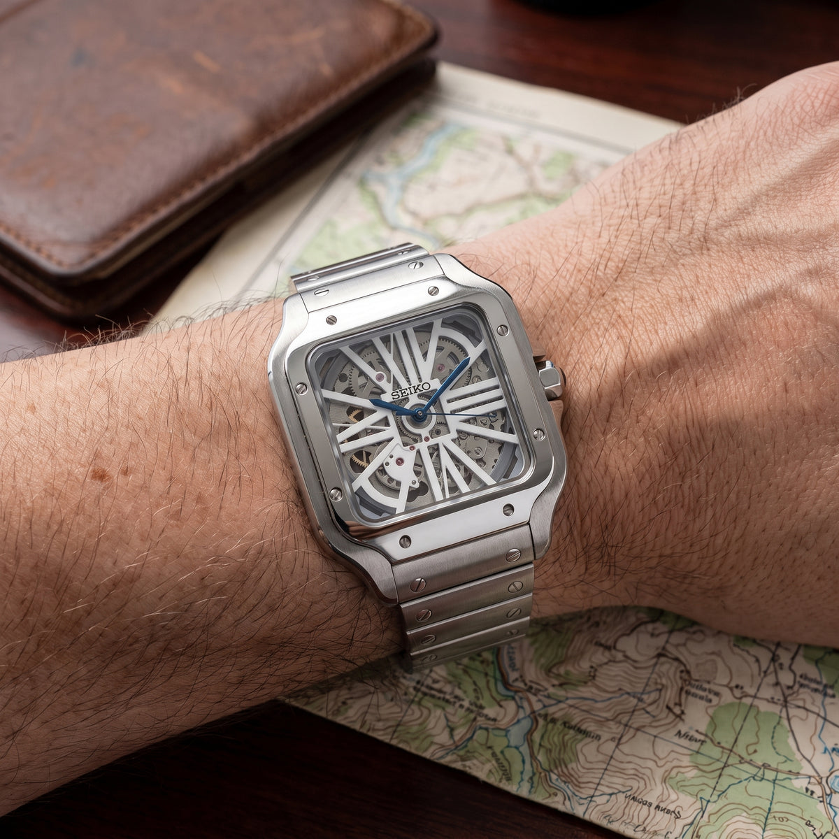 Santeiko Skeleton Seiko mod watch – skeleton dial, wrist shot
