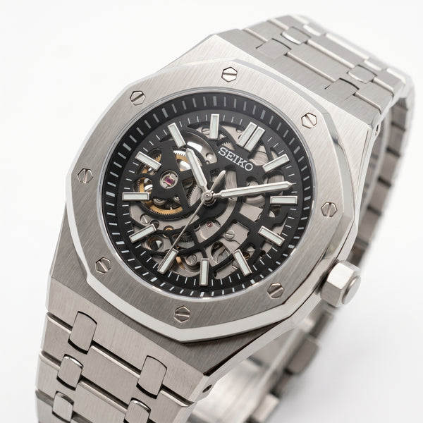 Seikoak Skeleton Seiko mod watch side angle | The Golden Mods