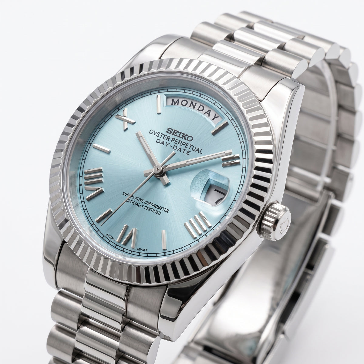 Seikodate Ice Blue Seiko mod watch – ice blue dial, side view