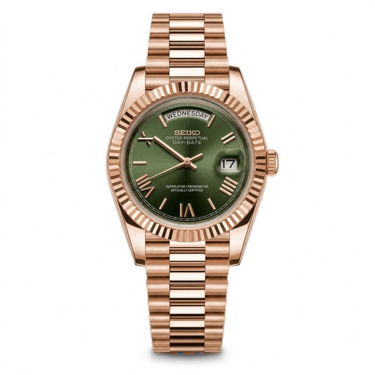 Seikodate Olive Green Rose Gold Seiko mod watch – olive green dial, front view