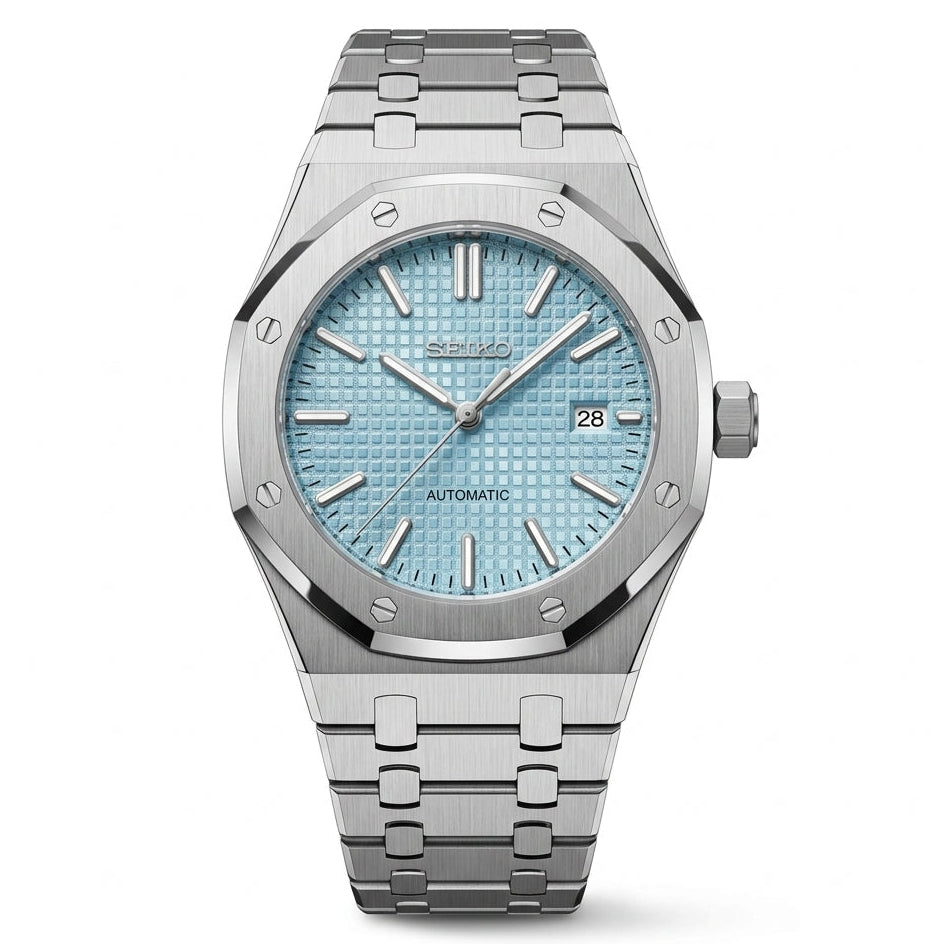Seikoak Tiffany Seiko mod watch – robin's-egg blue dial, front view