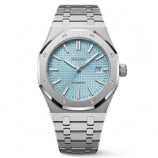 Seikoak Tiffany Seiko mod watch – robin's-egg blue dial, front view