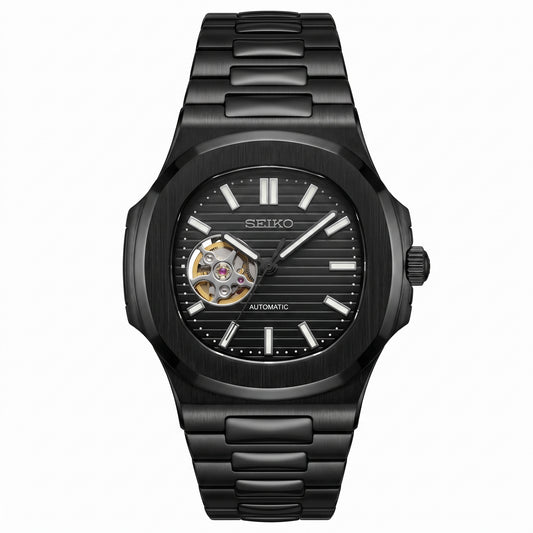 Nautiko Full Black Open Heart Seiko mod watch front view | The Golden Mods