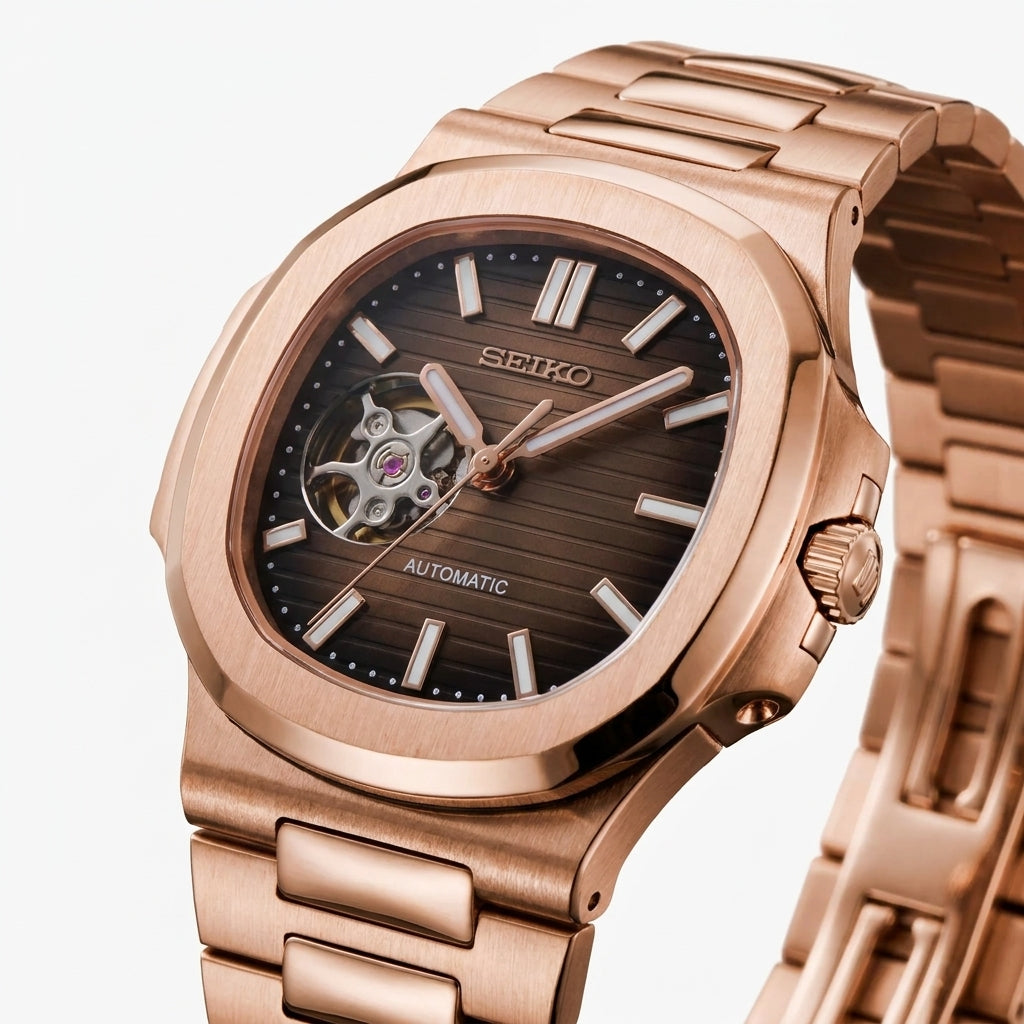 Nautiko Chocolate Open Heart Seiko mod watch – chocolate open-heart dial, side view
