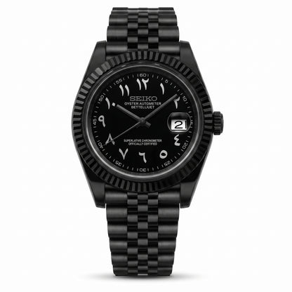 Seikojust Arabic Full Black Seiko mod watch front view | The Golden Mods