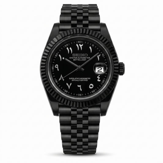 Seikojust Arabic Full Black Seiko mod watch front view | The Golden Mods
