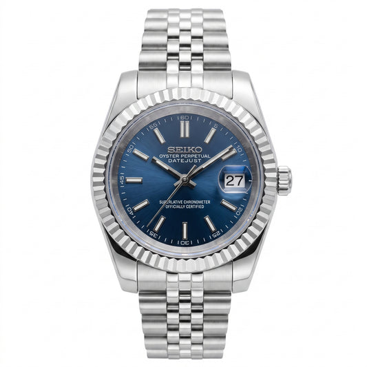 Seikojust Dark Blue Seiko mod watch front view | The Golden Mods