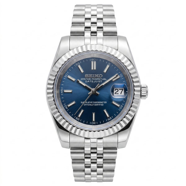 Seikojust Dark Blue Seiko mod watch front view | The Golden Mods